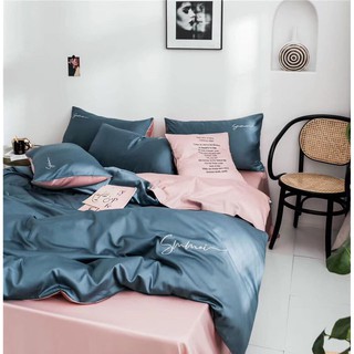 Bộ chăn ga gối lụa Sumoi phối màu hồng xanh
