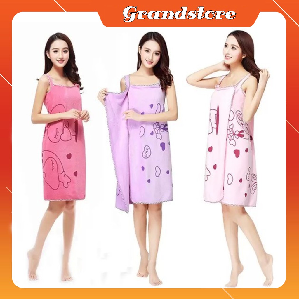 Khăn tắm kiêm áo choàng đa năng 2in1 cotton mềm thấm hút in hình thú, khăn choàng và váy tắm 2 dây xỏ tay quấn người lớn