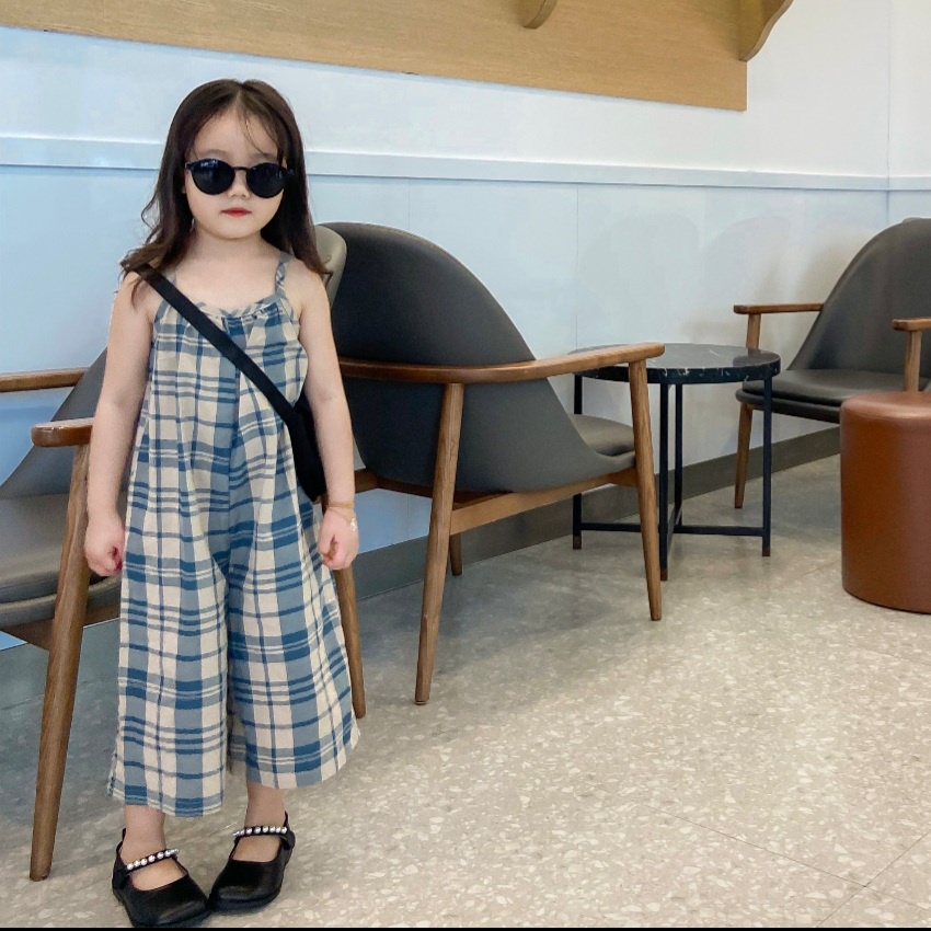 Bộ jum cho bé gái 2 dây liền thân vải thô mềm kẻ caro 8-20kg