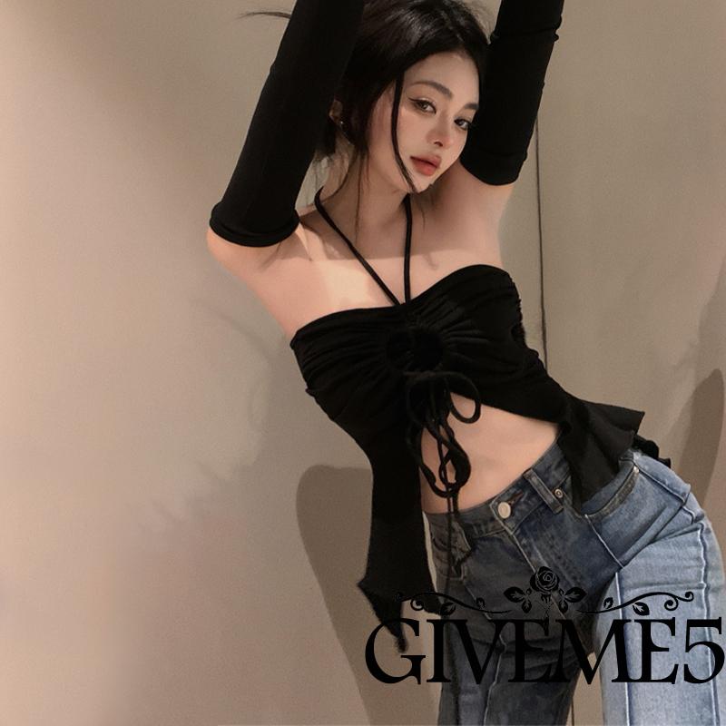 Áo Croptop Cổ Yếm Màu Sắc Trơn Có Dây Rút Thời Trang Mùa Hè Cho Nữ
