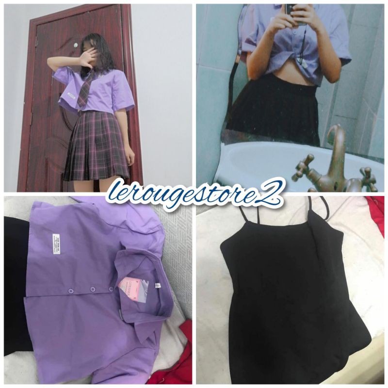 Set trang phục nữ Douyin gồm áo sơ mi dáng ngắn màu tím ngắn tay + váy hai dây đen xẻ tà ulzzang