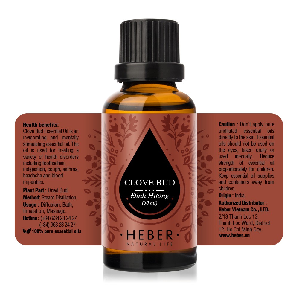 Tinh Dầu Đinh Hương Clove Bud Heber Natural Life, Cao Cấp Nhập Khẩu, Thiên Nhiên Nguyên Chất Xông Phòng 10ml/30ml/50ml