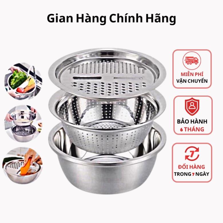 Bộ nạo rau củ 3 món bào Nhật Bản - Rổ nạo rau củ kiêm rổ và chậu inox cao cấp đa năng,tiện lợi dùng nhà bếp