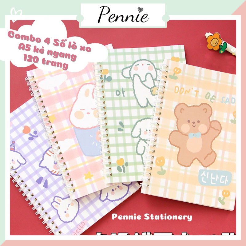 Combo 4 cuốn Sổ lò xo 120 trang A5 Pennie kẻ ngang bìa gấu xinh xắn hỗ trợ ghi chép học tập