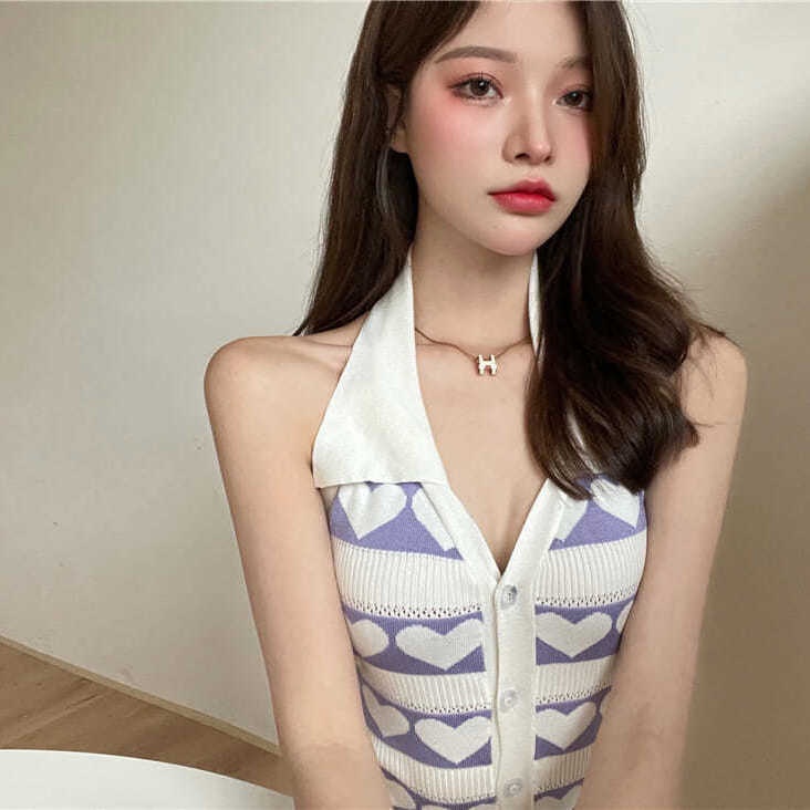 Áo Hai Dây Dệt Kim Ôm Dáng Phối Hàng Nút Phong Cách Hàn Quốc