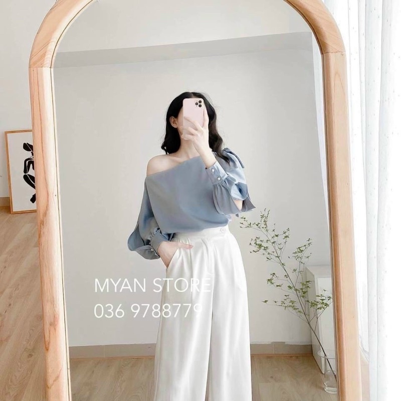 [CÓ SẴN] SET ÁO TRỄ VAI XANH + QUẦN ỐNG RỘNG SANG CHẢNG MÙA HÈ
