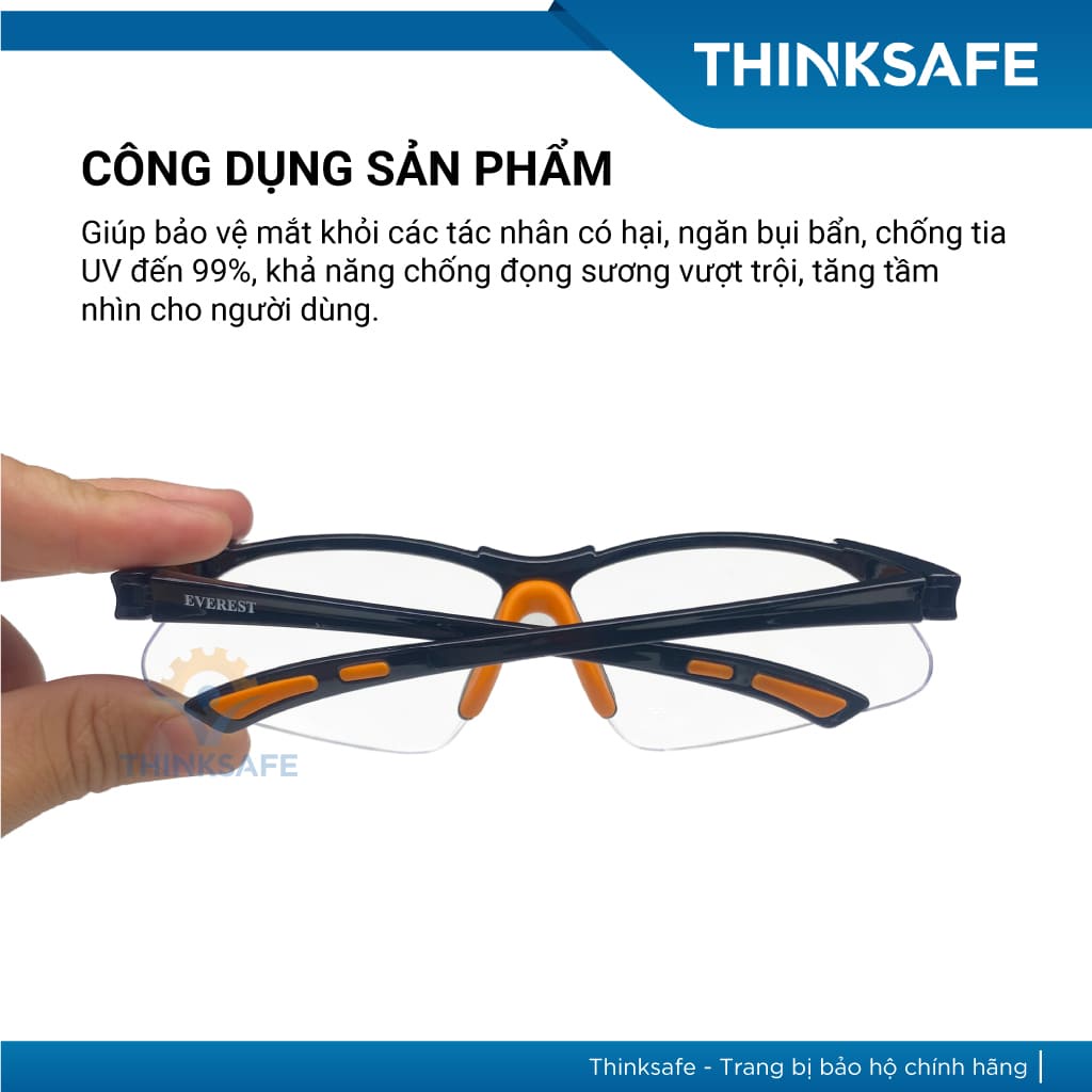Kính bảo hộ chống bụi Everest EV301 chống bụi, chống tia UV chắn bụi đi đường, mắt kính trắng trong suốt - THINKSAFE