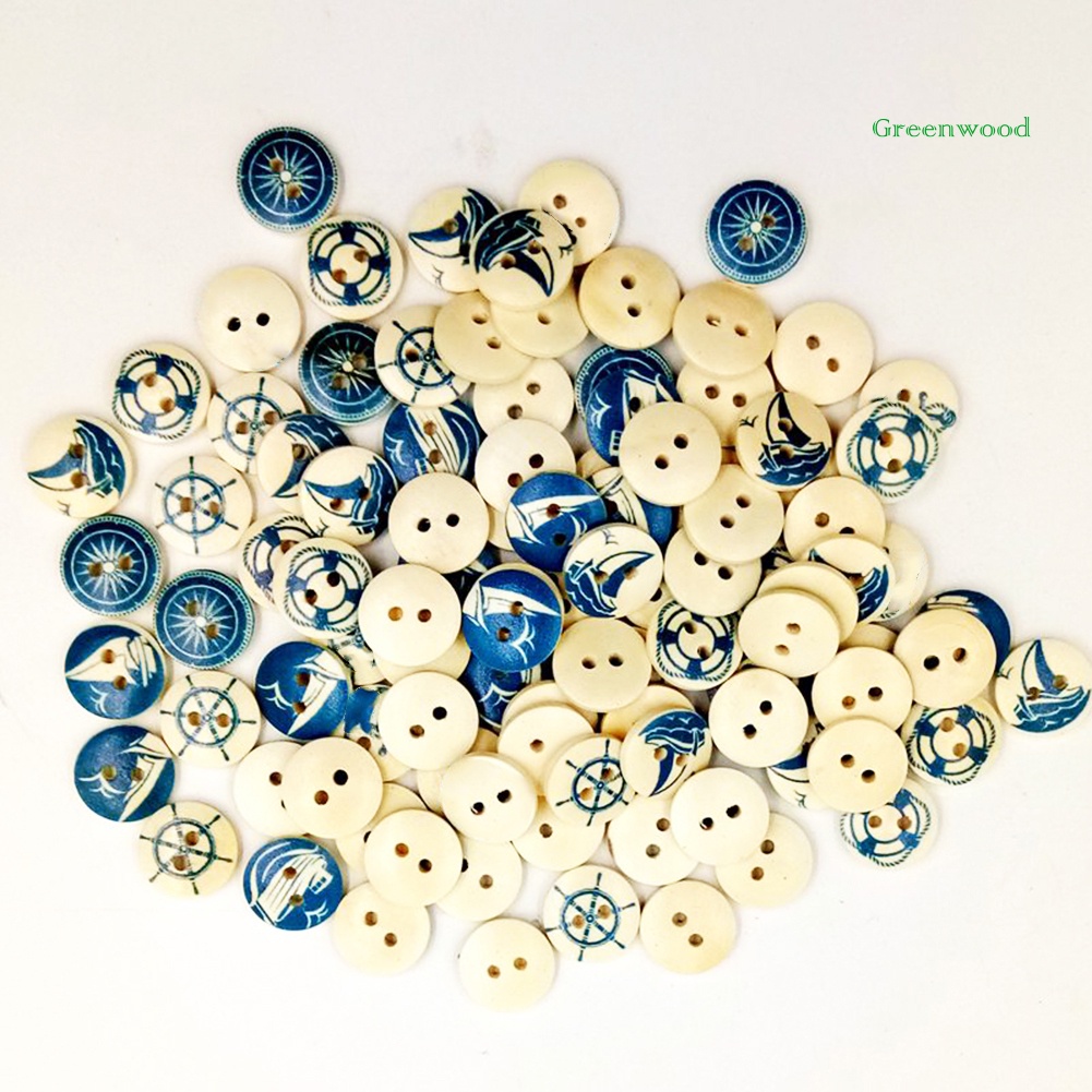 100 Nút Gỗ Tròn In Hình Thuyền Buồm