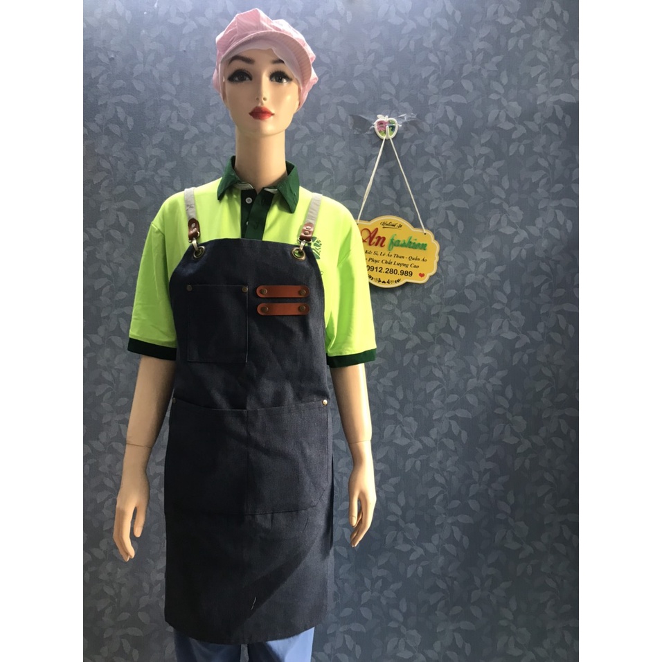 Tạp Dề yếm xanh mắc cao phối 2 da, 2 túi cao cấp-Tạp dề pha chế Tạp dề cafe Tạp dề phục vụ_Hình chụp thật