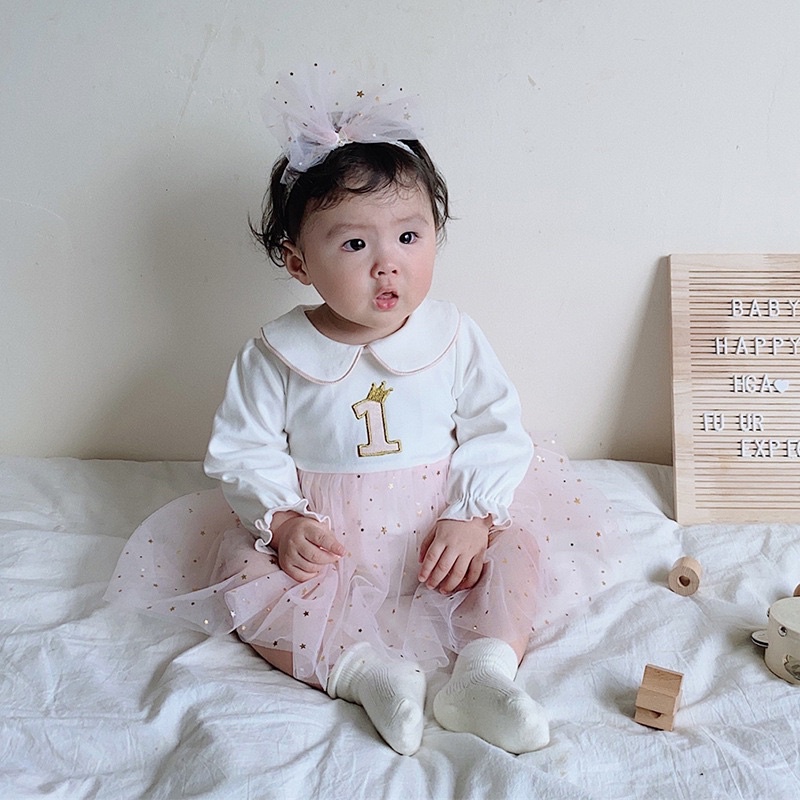( Hàng Có Sẵn ) Váy dài tay thôi nôi 1 tuổi sinh nhật cho bé kèm turban siêu xinh