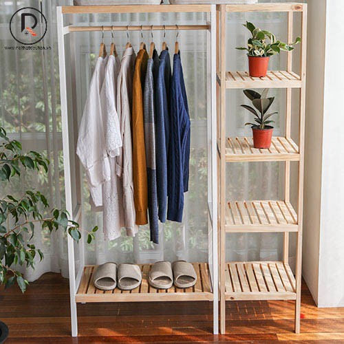 COMBO GIÁ TREO QUẦN ÁO + KỆ ĐA NĂNG - SHELF HANGER 2F TRẮNG PHỐI GỖ + SHELF 5F GỖ TỰ NHIÊN - NỘI THẤT KIỂU HÀN - 가장자리