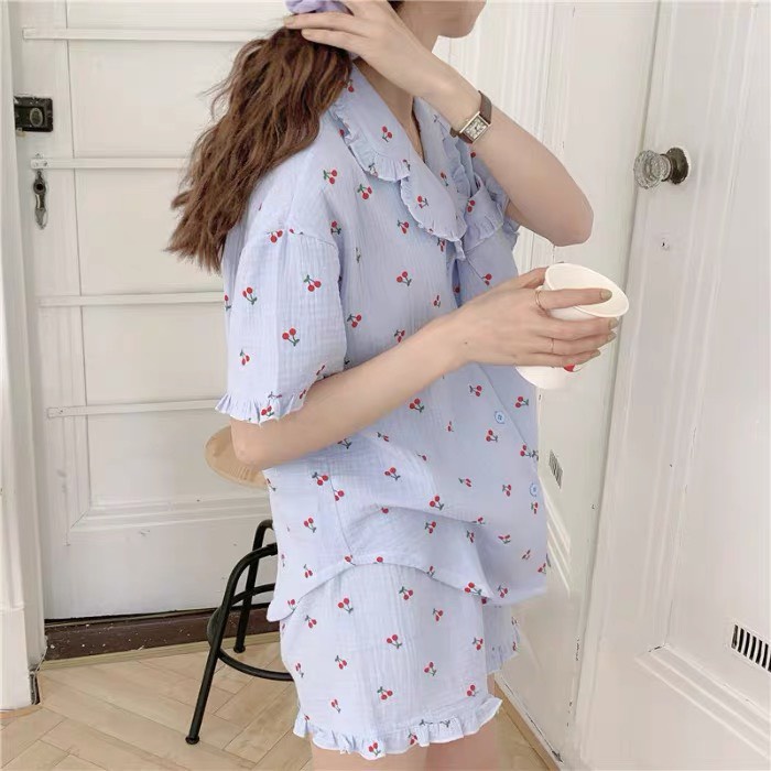 Bộ đồ ngủ nữ cộc tay chất đũi xốp, Bộ đồ ngủ pijama nữ viền bèo chất vải mát