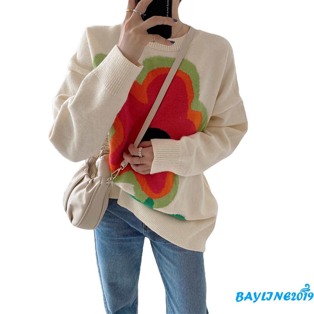 Áo Len Tay Dài Cổ Tròn Họa Tiết Hoa Nhiều Màu Sắc Thời Trang Cho Nữ