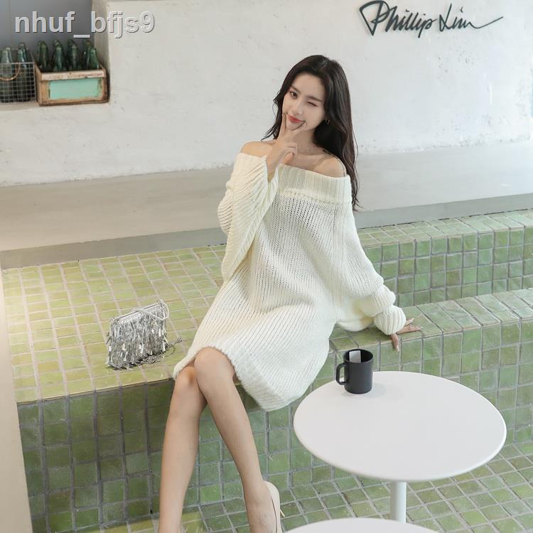 ❇❅2021 Hàn Quốc Sz mới mùa thu và mùa đông áo len một bên vai váy nữ dày dòng lười biếng áo pull rộng