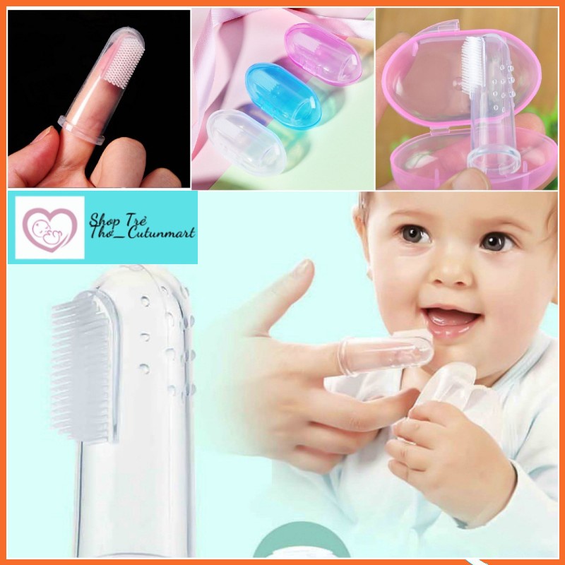 Rơ lưỡi xỏ ngón silicone siêu mềm kèm hộp đựng, Đánh răng silicon cho bé