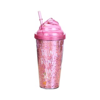 Glitters Pattern Double Layer Plastic Straw Bottle Innovative Gift Ice Cream Straw Bottle