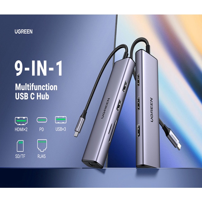 USB Type C ra 2 HDMI 4K@60Hz Hub 9 in 1 Cao Cấp Ugreen 90119 CM490 Chính Hãng