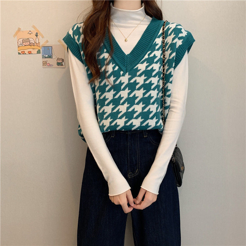 Áo Gile Áo len gile Color Contrast Antique Plaid V-neck Knitted Vest Women's Korean Loose Sleeveless Vest Top | BigBuy360 - bigbuy360.vn