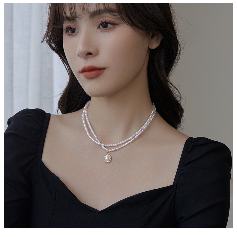 Vòng Cổ Hai Lớp Đính Hạt Ngọc Trai Phong Cách Cổ Điển Thời Trang 2022