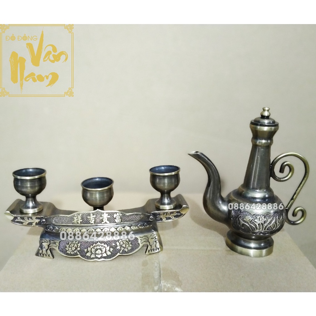 Bộ Ấm Chén Rượu Thờ, Ngai Chén Bằng Đồng Vàng Nguyên Chất Cao Cấp Màu 2 Công Nghệ Đồ Đồng Vân Nam