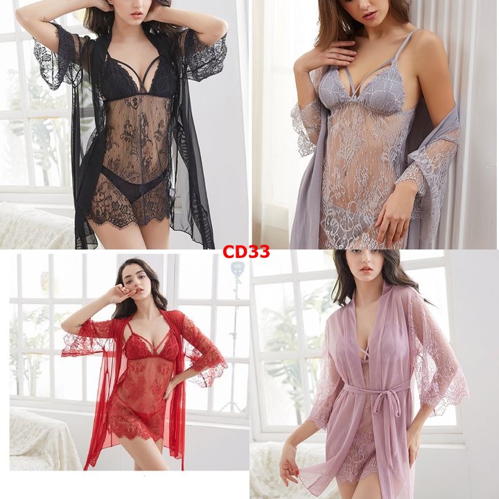 Áo choàng ngủ kết hợp đầm ngủ có mút ❤️ Váy ngủ xuyên thấu mỏng manh ren lưới quần lọt khe gợi cảm quyễn rũ