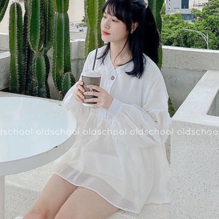 Áo babydoll cổ v voan tơ tay bồng nút gỗ