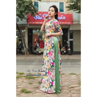 Áo dài hoa nhí hồng vải lụa - cỡ S M L XL 2XL - Trang phục truyền thống Việt Nam