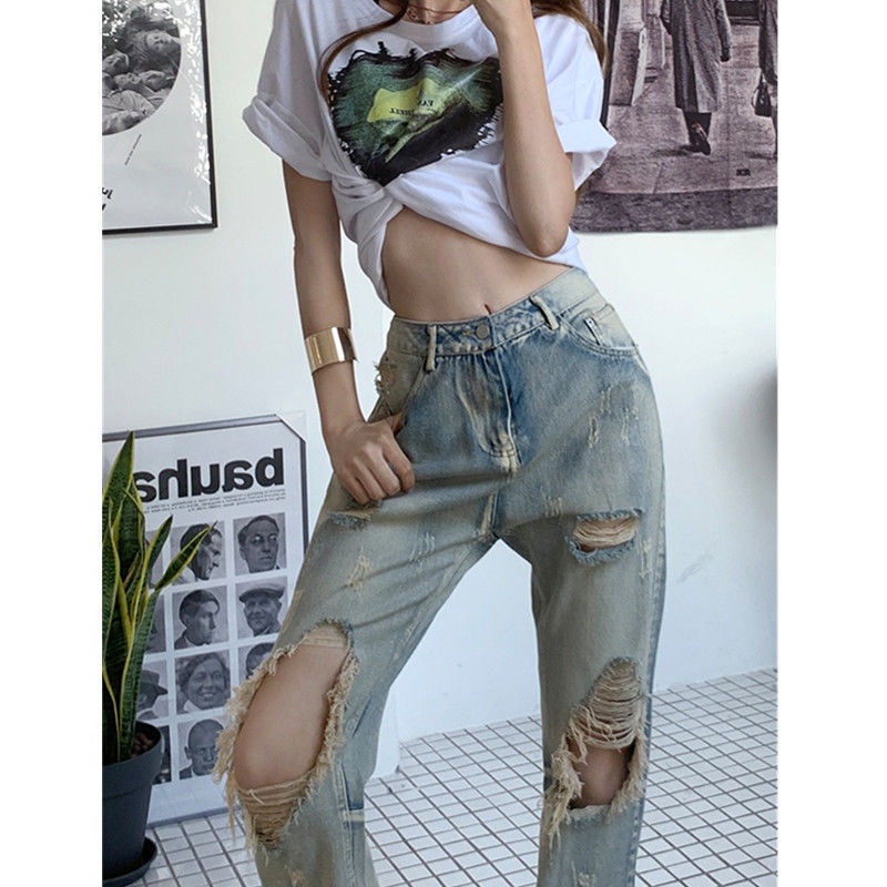 Ethelgirl Quần jeans Nữ Lưng Cao Mài Rách Thời Trang Hàn