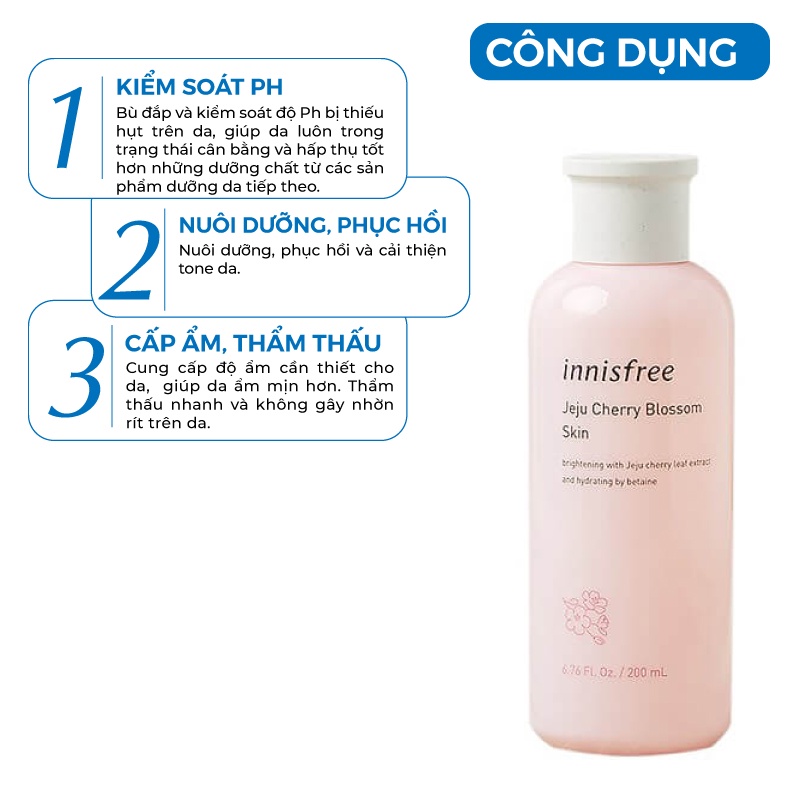 Nước hoa hồng dưỡng ẩm dưỡng trắng da chiết xuất lá Hoa Anh Đào Innisfree Hàn Quốc 200ml