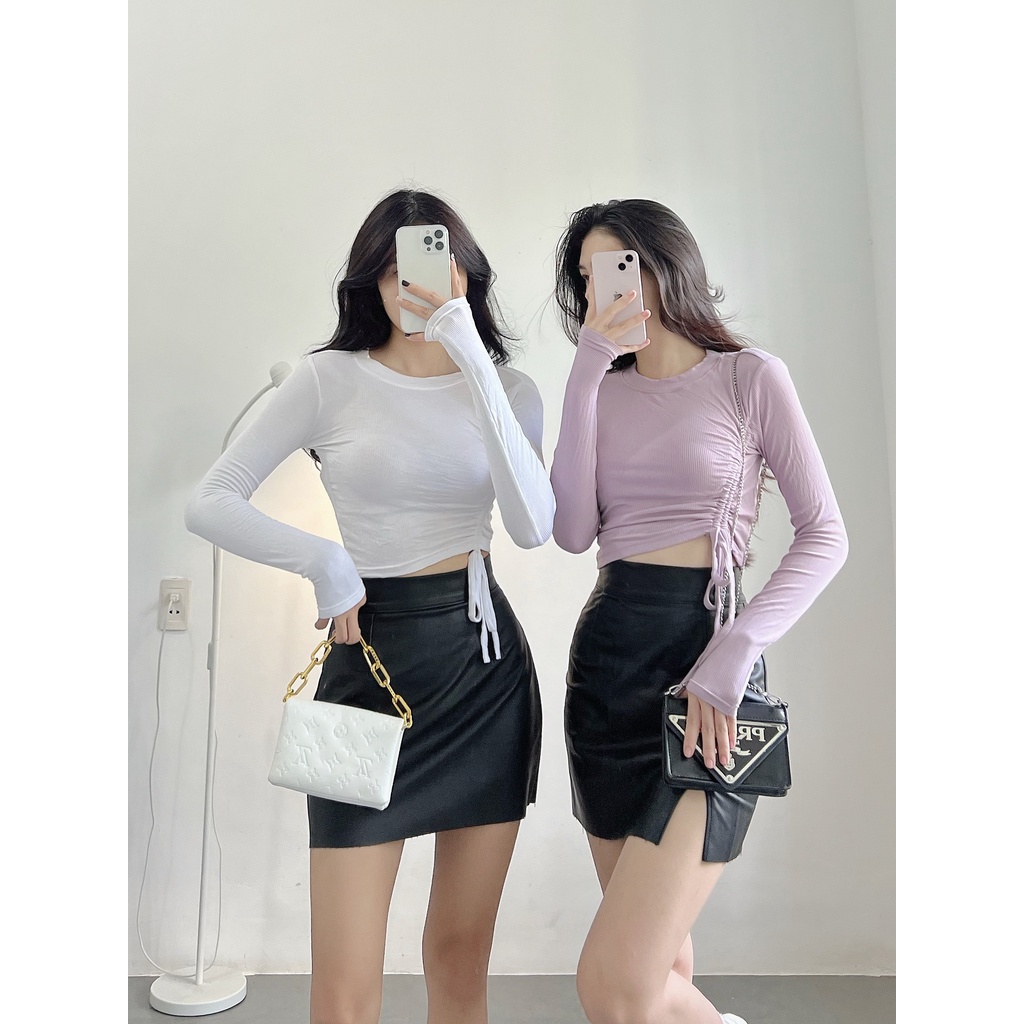 Áo croptop nữ tay dài HHVINTAGE kiểu rút hông thun co giãn Top A86