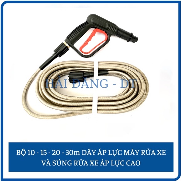 Bộ dây rửa xe 10, 15, 20, 30m Và Súng rửa xe áp lực cao cò đỏ ren 22mm