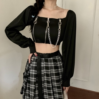 Áo croptop cổ vuông phong cách cổ điển Hàn Quốc phối dây xích cá tính gợi cảm cho nữ