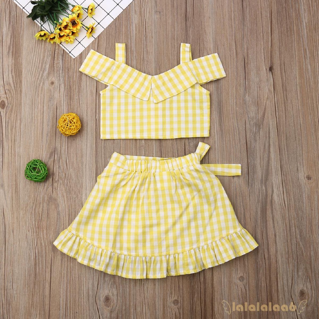 Set áo croptop trễ vai + chân váy xòe dễ thương cho bé gái