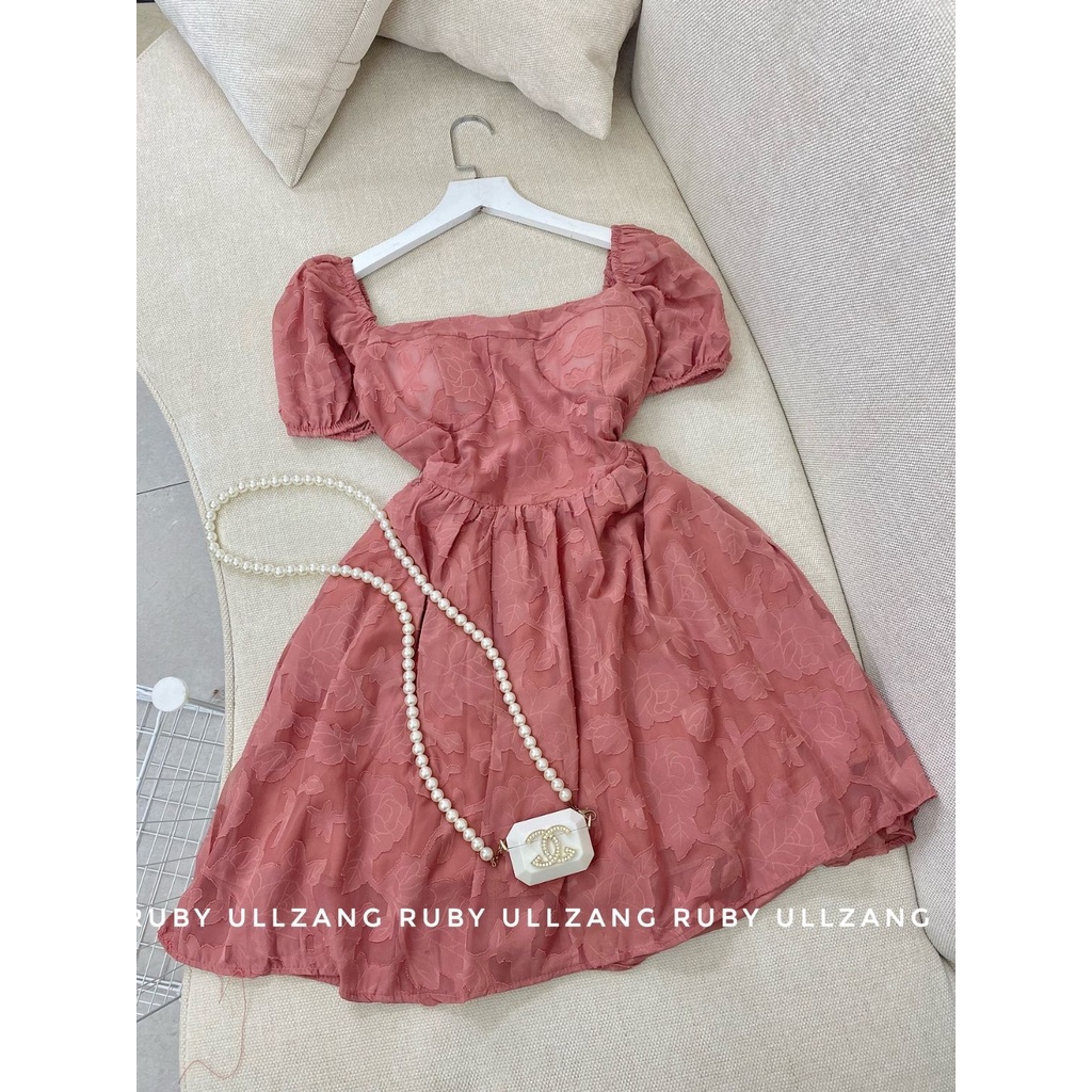 Đầm babydoll tiểu thư cổ vuông dáng xòe chất von hoa nổi dễ thương có size đầm kiểu xòe công chúa Orange Closet D1146