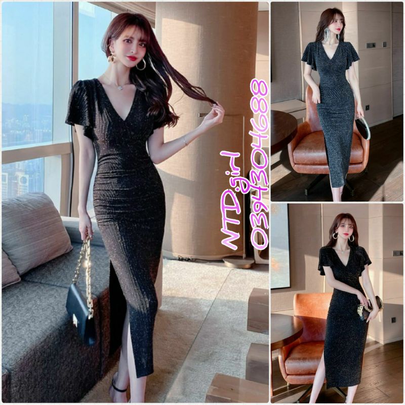 Hàng nhập - Đầm dáng ôm thun kim tuyến cổ V trễ xẻ tà 1 bên, váy body dự tiệc tay cánh tiên