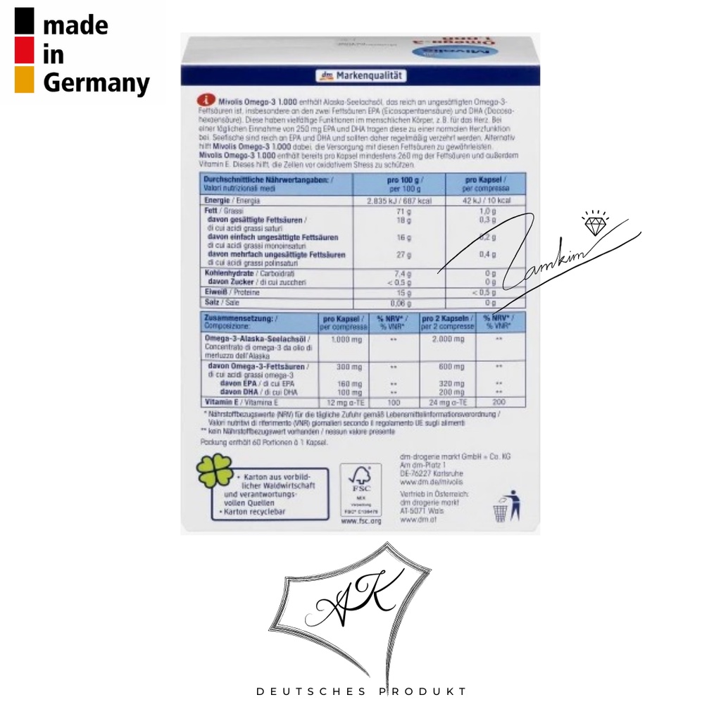 Dầu cá Omega 3 Mivolis - nội địa Đức - 60 viên