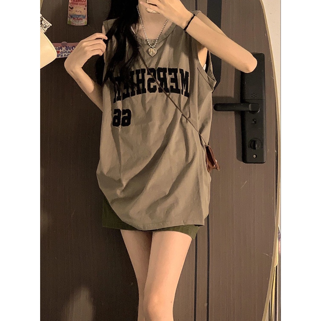 Áo Thun Sát Nách Thể Thao In Chữ Phong Cách Retro Mỹ Cho Nữ