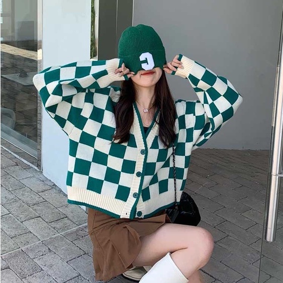 Áo khoác len áo cardigan len sọc caro xanh dáng croptop phong cách trẻ trung cá tính PANOSI - A665