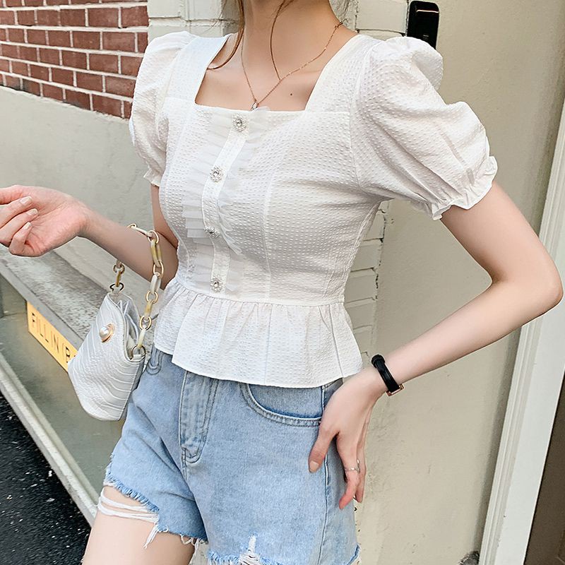 Short sleeve design sense niche short ruffled fashion all-match square neck pullover，cheap borong of Koreanfashion women's clothing readystock 210602