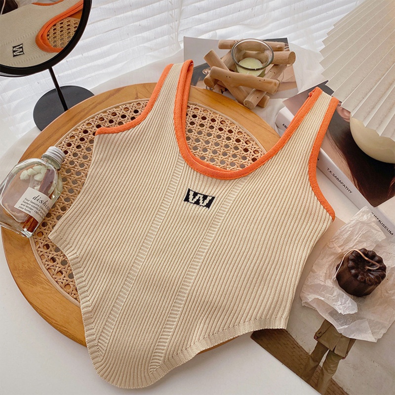 Áo Croptop Dệt Kim Sát Nách Màu Sắc Tương Phản Phong Cách Thể Thao Thời Trang Cho Nữ