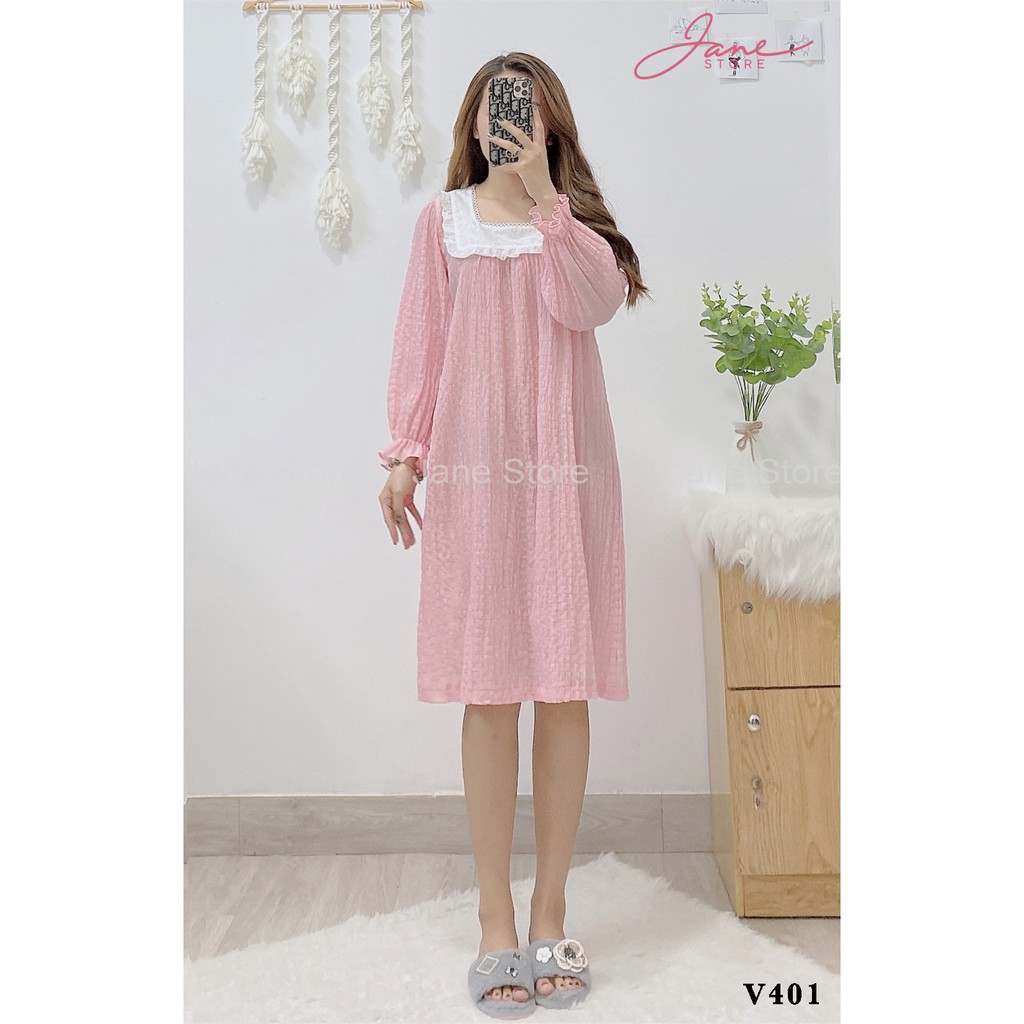 Váy ngủ dài tay cổ viền bèo phong cách tiểu thư JANE chất liệu vải đũi 3 màu V4 | BigBuy360 - bigbuy360.vn