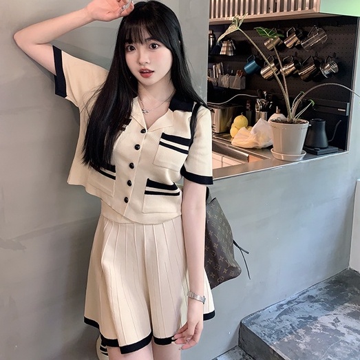 Set đồ 2 món ZHELIHANGFEI gồm áo sơ mi dệt kim cổ polo ngắn tay và chân váy eo cao phong cách gợi cảm