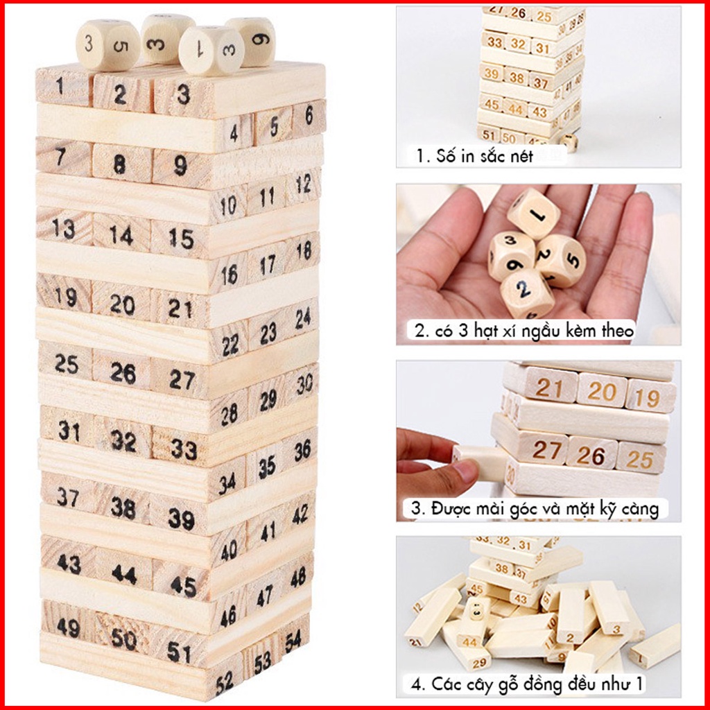 Đồ Chơi Rút Gỗ Cỡ Lớn Cao Cấp – Chọn Size - 54 Thanh Rút Gỗ Kèm 4 Con Súc Sắc Cho Bé – Bộ Đồ Chơi Rút Gỗ Amalife