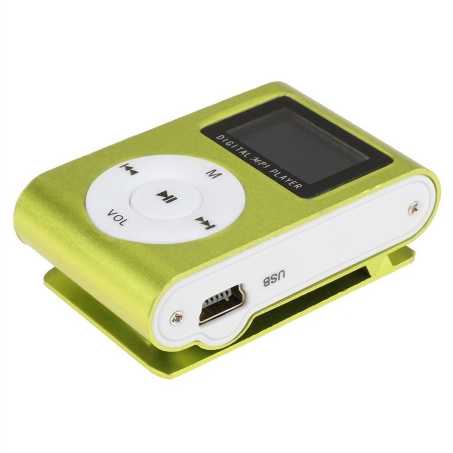 Máy nghe nhạc mini MP3 có màn hình LCD và kẹp kim loại hỗ trợ thẻ nhớ TF SD