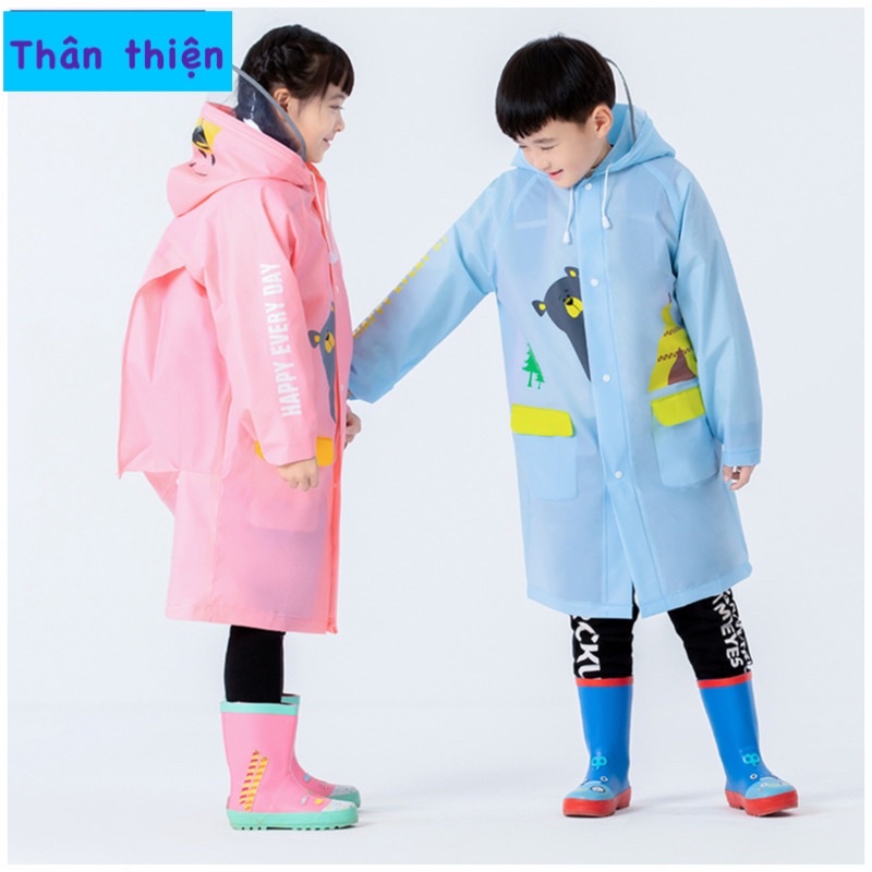 Áo mưa trẻ em cao cấp có mũ thiết kế phản quang,chất liệu an toàn,dáng suông trùm toàn thân