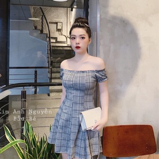 Đầm trễ vai kẻ kèm ảnh thật