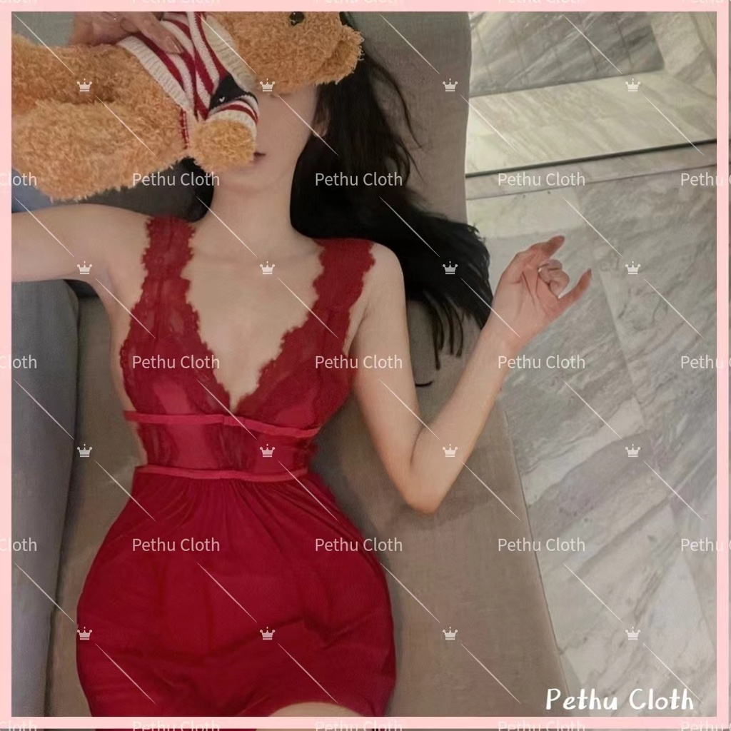 （Q1,HCM) Sexy Đầm/váy ngủFreeship2 dây ren nữ xuyên thấu, gợi cảm nơ ngực quyến rũ kèm quần chip lọt khe 40-65kg--001