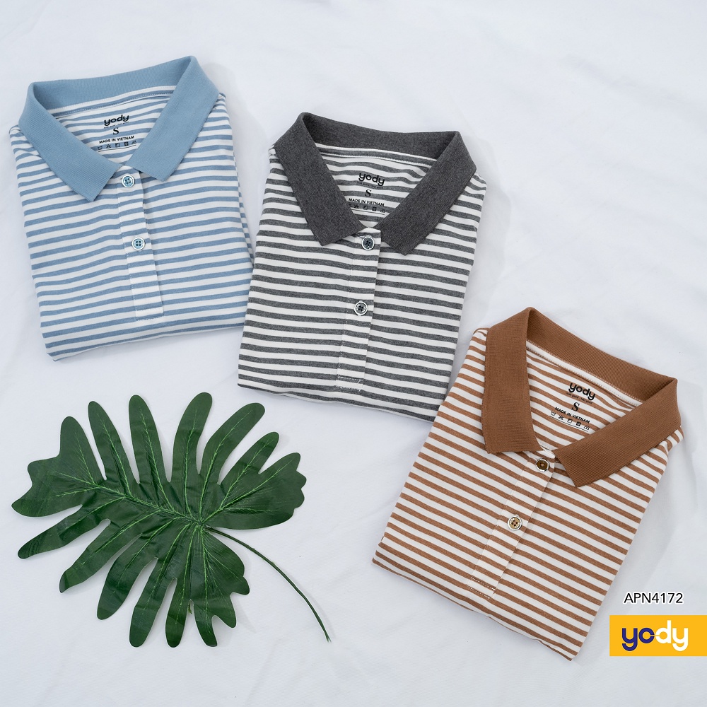 Áo polo nữ kẻ melange thương hiệu YODY dáng basic chất cotton - APN4172