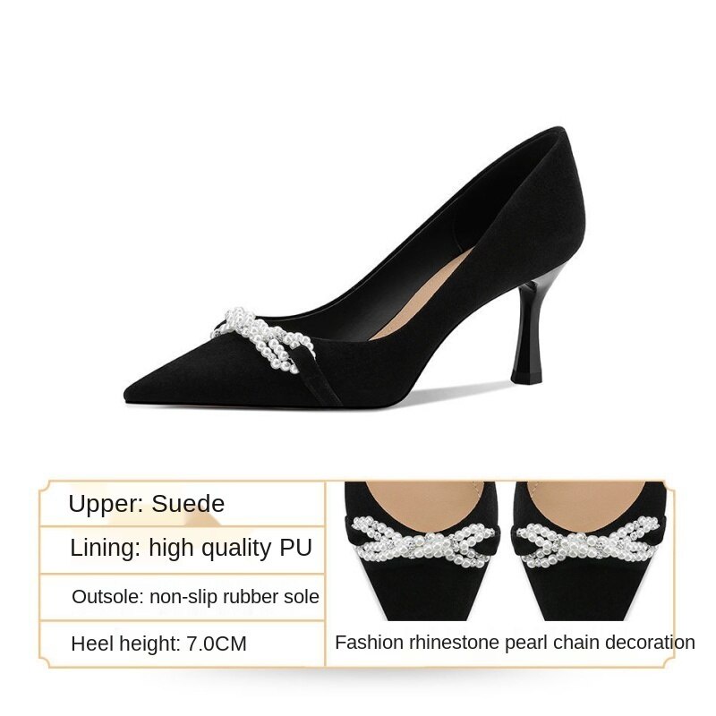 Women's Black Stilettos2021Autumn New Celebrity Style Women's Sexy Pearl Decorative Shallow Mouth Women's Shoes