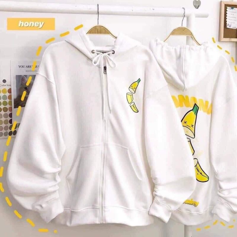 Áo khoác hoodie nỉ bông dây kéo hình chuối Banana